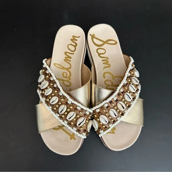 Sam Edelman Sandals Womens 7M Audrea Slide Slip On Shoes Shells Beads Platform - Picture 6 of 10